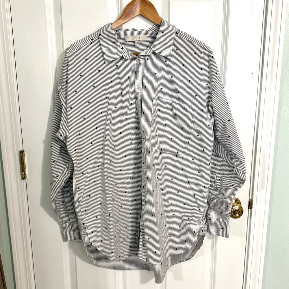 LOFT Oversized Boyfriend Black and White Striped Patterned Button-Down Shirt